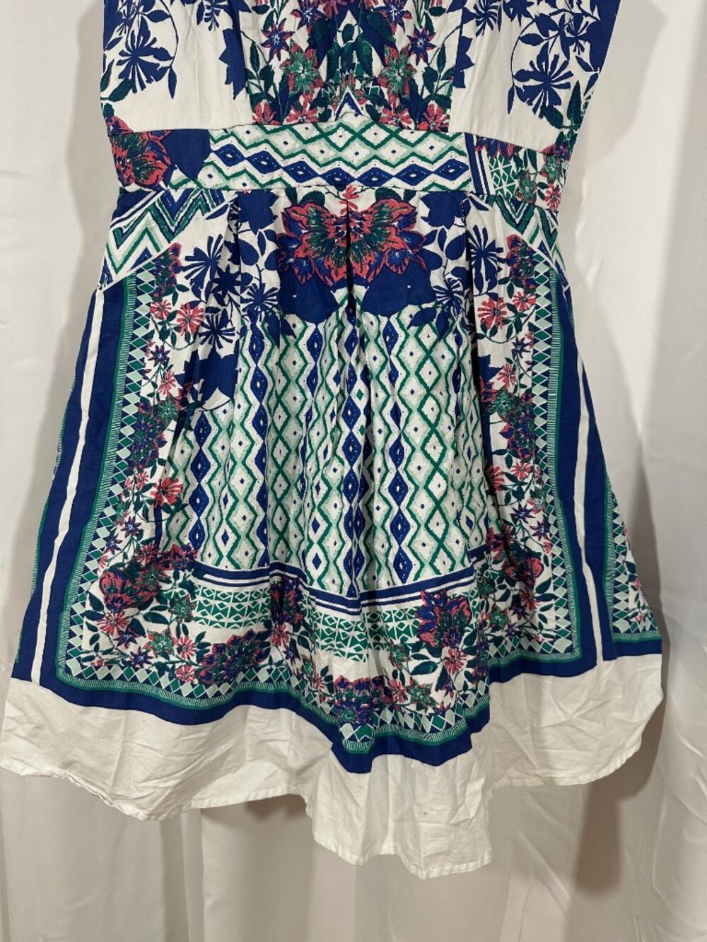 Boho Floral Fit & Flare Dress Large Blue White Cotton Border Print - Picture 7 of 12
